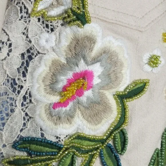 Vintage Boston Proper Small Beaded Floral Embroidered Denim Jacket Lace Cuffs - Picture 7 of 15